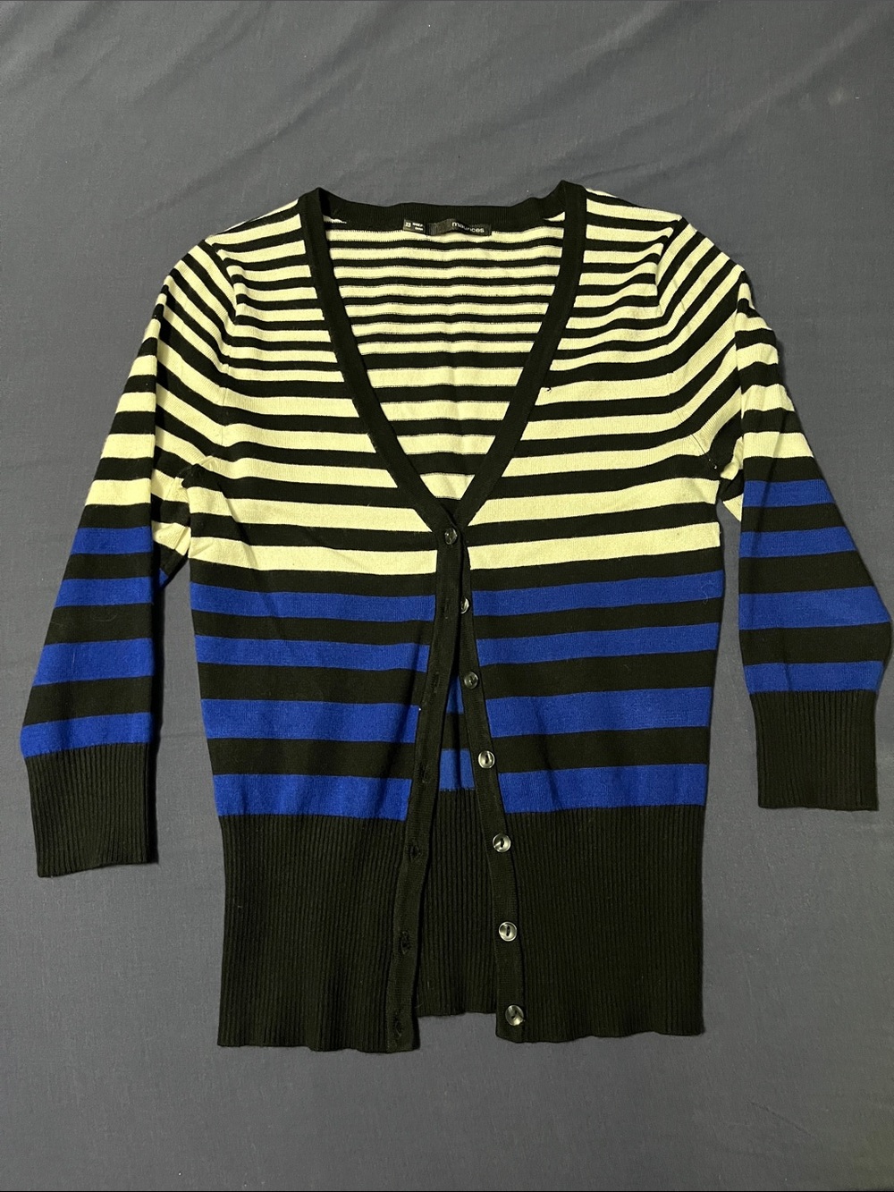 Vintage Maurices Black, White and Blue Striped Cardigan